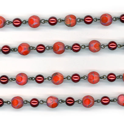 Beaded Chain Coral Czech Glass and Warm Red Pearls