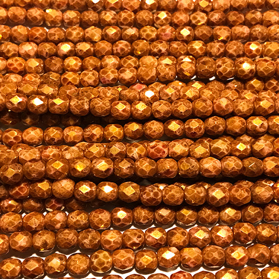 4mm Czech Fire Polish Beads - Terracotta Gold Luster