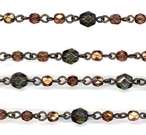 Beaded Chain 6mm Transparent Olive Travertine and 4mm Crystal Travertine Fire Polish