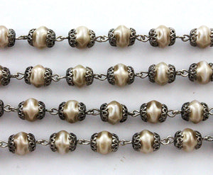 Beaded Chain 8mm Satin Taupe Glass Pearl/Antique Silver