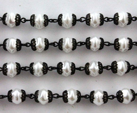 Beaded Chain 8mm White Glass Pearl/Black
