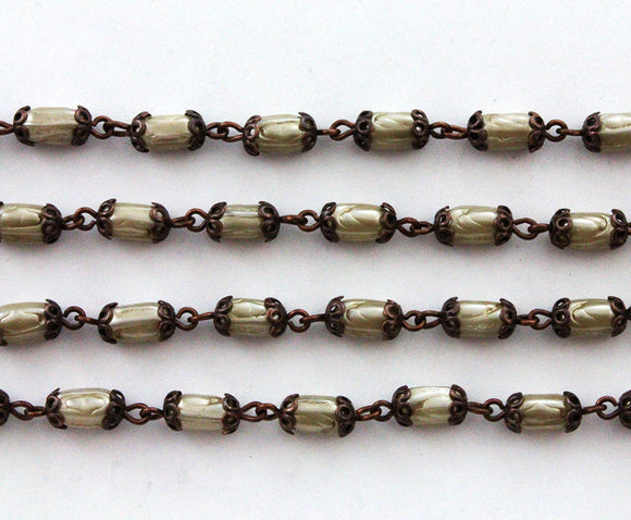 Beaded Chain 7.5 x 5mm Satin Taupe Glass Pearl/Antique Copper