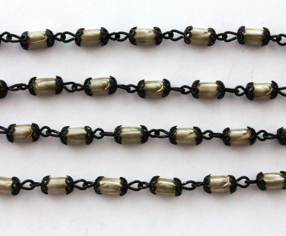 Beaded Chain 7.5 x 5mm Satin Taupe Glass Pearl/Black