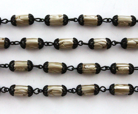 Beaded Chain 11.5 x 6.5mm Satin Taupe Glass Pearl/Black