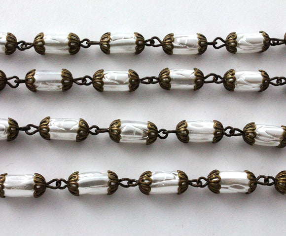 Beaded Chain 11.5 x 6.5mm White Glass Pearl/Antique Brass