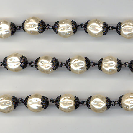 Beaded Chain 10mm Cream Pearl with Black Bead Cap