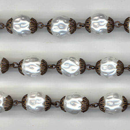 Beaded Chain 10mm White Pearl with Brass Bead Cap