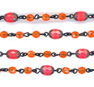 Beaded Chain 4mm Orange Opal Fire Polish & Coral Travertine Faceted Oval