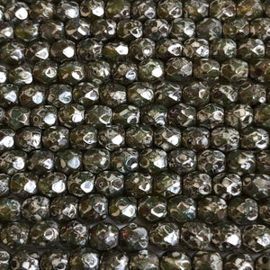 4mm Czech Fire Polish Beads - Green Opal Silver Travertine