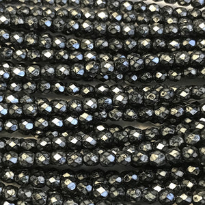 4mm Czech Fire Polish Beads - Jet Metallic Silver Pearl Travertine