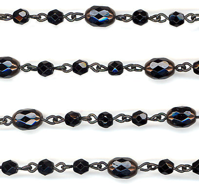 Beaded Chain 4mm Jet Fire Polish & Jet Copper Faceted Oval