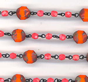 Beaded Chain Orange Travertine & Pink 4mm Fire Polish & Czech Glass