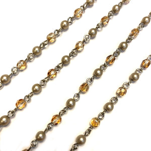 Beaded Chain Czech Glass 4mm Satin Taupe Pearl/Transparent Beige Luster Fire Polish