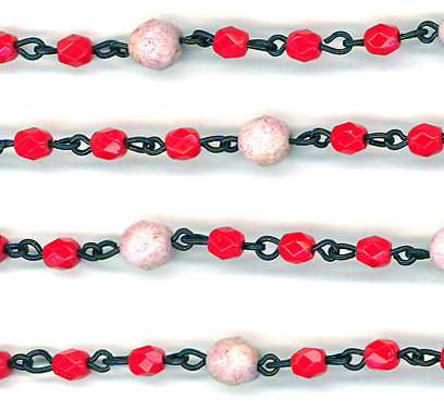 Beaded Chain 4mm Red & 6mm Olive White Rose Luster Fire Polish