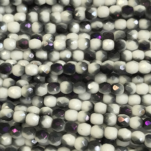 4mm Czech Fire Polish Beads - White Half Grey Purple Iris